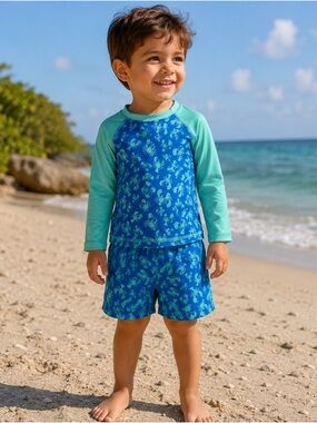 Roller Rabbit Boys Aqua and Bright Blue Sea Creatures Rashguard Set